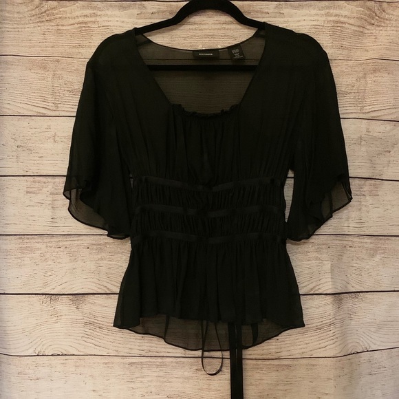 Express Sheer Blouse Sheer Tie Black 5/6 - Picture 2 of 11